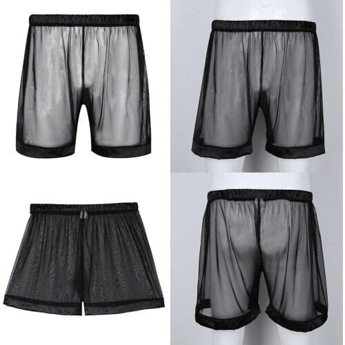 Men Lingerie See-Through Mesh Loose Boxer Shorts Sissy Underwear Underpants Black Beach Wear