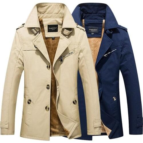 2021 Mens Fall Winter Mens Casual Mid-Length Cotton Thickened Washed Trench Coat Fashion Velvet Padded Warm Windbreaker