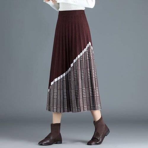2021 New Knitted Womens Skirt Thickened Retro A-line Skirt In Autumn Winter Long Pleated Skirt National Style Coffee