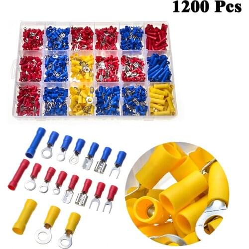 New 1200Pcs Insulated Crimping Terminal Cable Connector Electrical Wire Crimp Spade Butt Ring Cold Press Terminal Spade Ring Kit