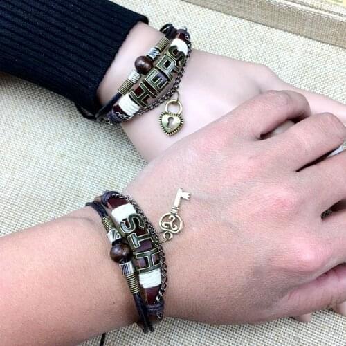 New Couple Bracelet A Pair of Students' Leather Exotic Hand-woven Lock Key Tourist Souvenir Jewelry Display Affection Individual