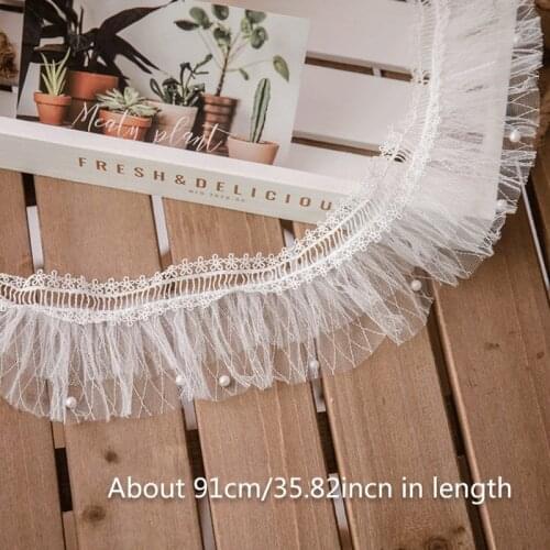 1 Yard Pleated Mesh Lace Ruffle Trim Ribbon Tassel Faux Pearl Beading Applique Wedding Bridal Dress DIY Sewing Craft