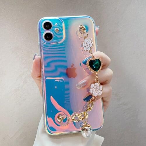 Laser Clear Phone Case For iPhone 12 Pro Max 11Pro Max XR XS Max 7 8 Plus 12Mini 6S Plus Diamond Flowers Chain Soft Cover Coque