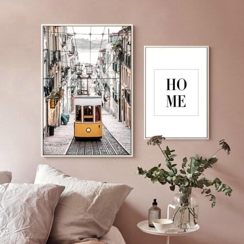 Yellow Bus Old Street Vintage House Urban Landscape Nordic Decorative Canvas Painting For Living Room Wall Decoration Home Decor