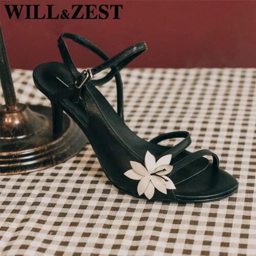 Will&Zest Sandals Woman 2020 White Flower Chausure Ensual Stiletto High Heel Female Shoes Size 39 Fashion Black Genuine Leather