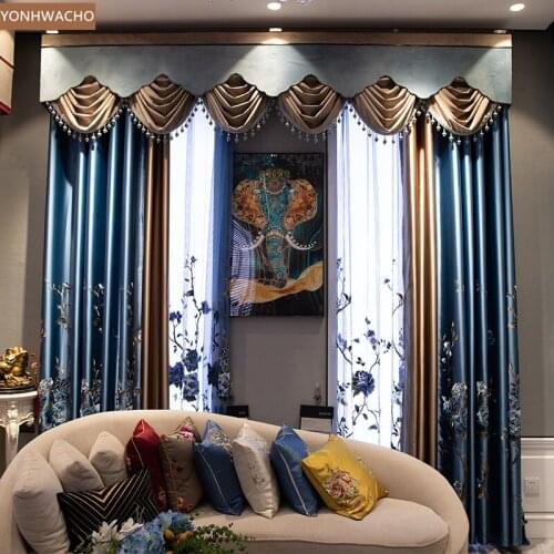 Custom curtain high-precision simulation silk embroidered villa blue thick cloth blackout curtain valance tulle panel C714