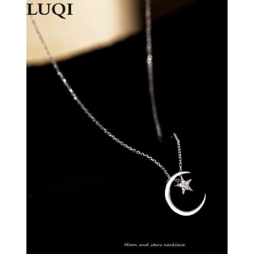Womens S925 Silver Plated Platinum Star and Moon Pendant Fashion Temperament Necklace 301