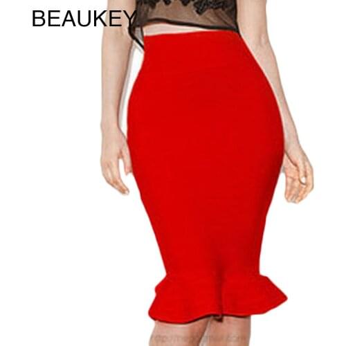 BEAUKEY White Black Red Yellow Blue Fishtail Rayon Knitted Bandage Bodycon Skirt Women Party Club Celebrity Pencil Skirt XL