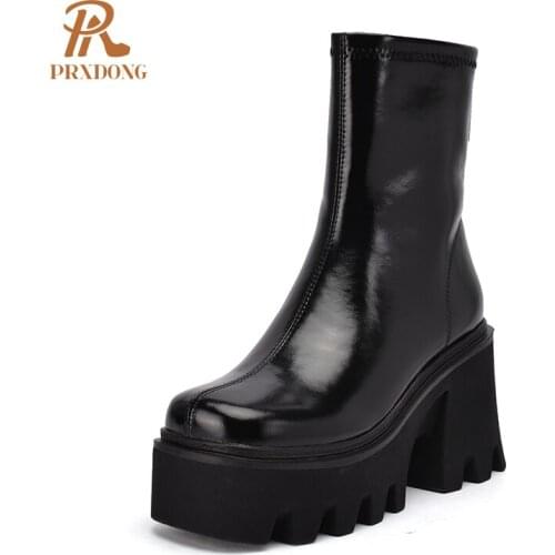 Brand Women Ankle Boots Shoes 2021 Autumn Winter Warm Genuine Leather Thick High Heels Platform Punk Dress Riding Boots Woman