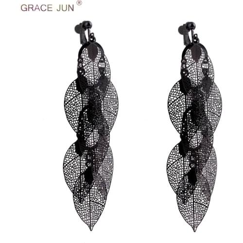 GRACE JUN Vintage Style Gun Black Plated Leaf Clip on Earrings No Pierced for Women Large Multi-layer Screw Earrings Wholesale