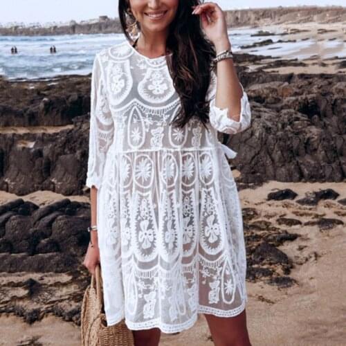 Women Sexy Bikini Cover Up White Crochet Embroidered Floral Lace Swimwear Boho Backless Tassels Drawstring Beach Dress