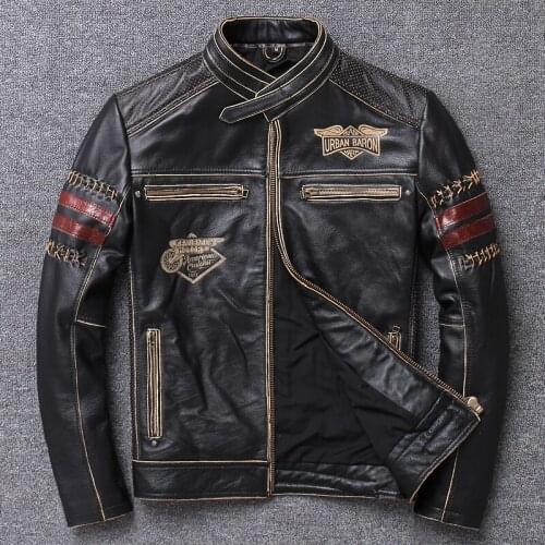 2020 Vintage Black Men Slim Fit Motorcycle Leather Jacket Plus Size XXXL Genuine Cowhide Spring Natural Biker Coat FREE SHIPPING