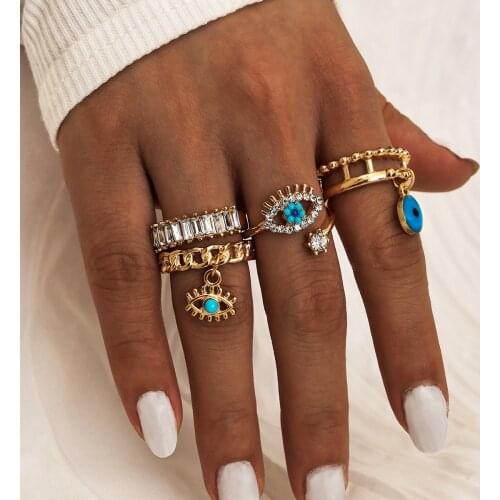 4pcs/Set Punk Full Crystal Evil Eyes Rings Set for Women Boho Gold Hollow Open Ring Girls Fashion Finger Jewelry Accessories