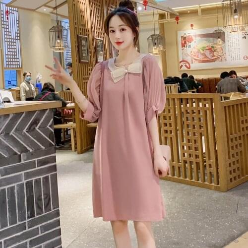 726# Summer Korean Fashion Thin Chiffon Maternity Dress Elegant Loose Straight Clothes for Pregnant Women Sweet Lovely Pregnancy