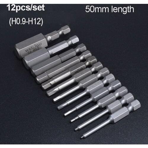 12pcs/set 50mm length 1/4 Inch Hexagon bit Hex Shank Magnetic Hex Head Screwdriver Bits H0.9-H12