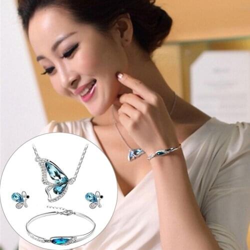 BLUELANS Butterfly Rhinestone Pendant Necklace Stud Earrings Bracelet Bridal fashion Jewelry Set