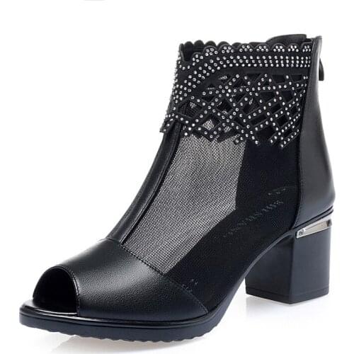 2020 New Cowhide Mesh Splice Summer Boots Women Shoes Fashion Sandals Breathable Comfort High Heel Sandals Women Leather Sandals