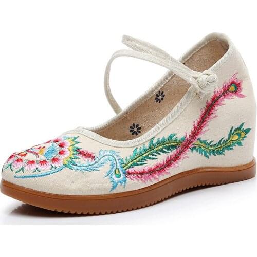 Retro Hidden Platform Ladies Cotton Linen Embroidery Sneakers Handmade Women Instep Strap Canvas Shoes Comfort Creepers