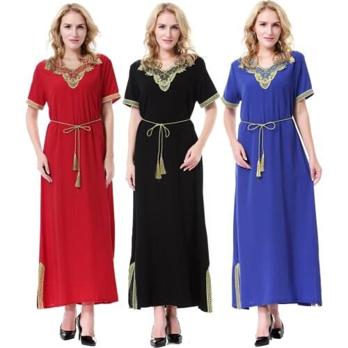 Muslim Women Short Sleeve Dress Maxi Long Dress Islamic Clothing Moroccan Kaftan Elegant Embroidery Ethnic Vintage Dress Tunic