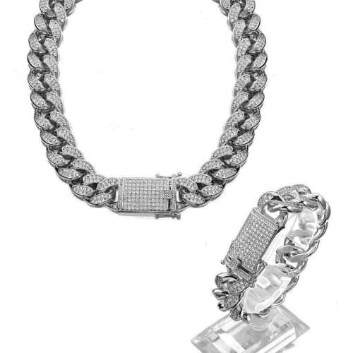 18mm Hip Hop Stainless Steel Iced Out Fully CZ Mens Silver Plated Miami Cuban Link Chain Necklace Bracelet Male Jewelry set
