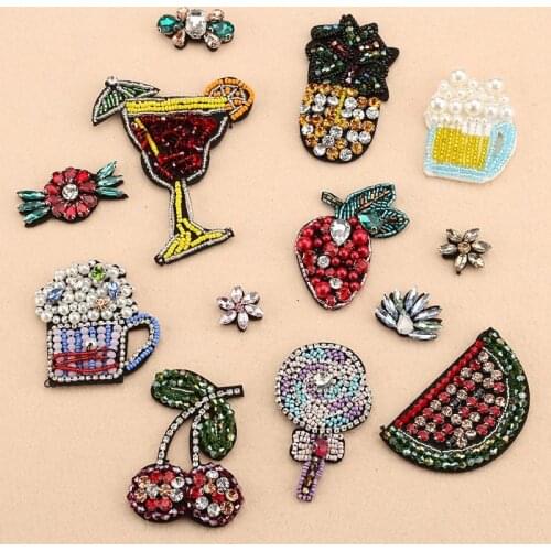 Handmade Rhinestone Beaded Patches Flower Fruits Drink Fashion Sew on Crystal Pearl Patch for Clothes Beaded Applique Cute Patch