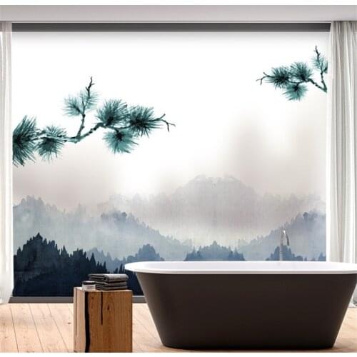 Waterproof Window Film Pine Tree and Green Mountain Home Frosted Opaque Static Privacy Balcony Bathroom Decals Glass Sticker