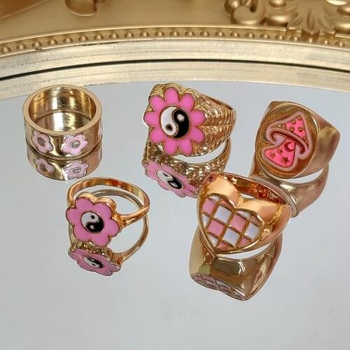 New Pink Enamel Mushroom Flower Yin Yang Ring For Women Love Heart Smiley Drip Glaze Rings Trendy Y2K Couples Party Jewelry Gift