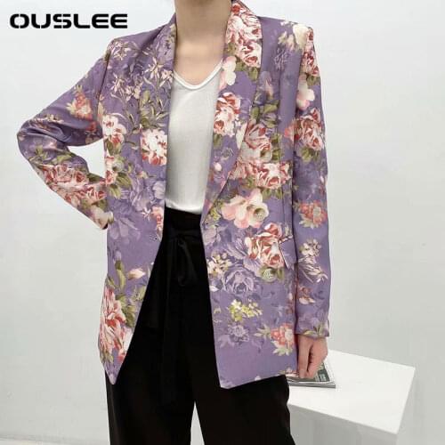 OUSLEE Women Fashion Office Wear Double Breasted Floral Print Blazer Coat Vintage Long Sleeve Pockets Female Outerwear Chic Tops