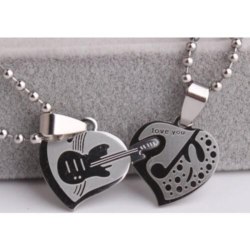Double heart Guitar music 316L Stainless Steel pendant necklaces for women wholesale