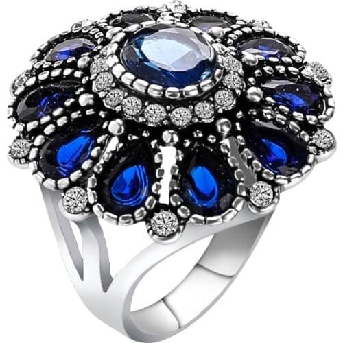 Hot Vintage Antiqued Silver Color Deep Blue Rhinestone Beads Hollow Flower Statement Ring for Women Men Fashion Jewelry