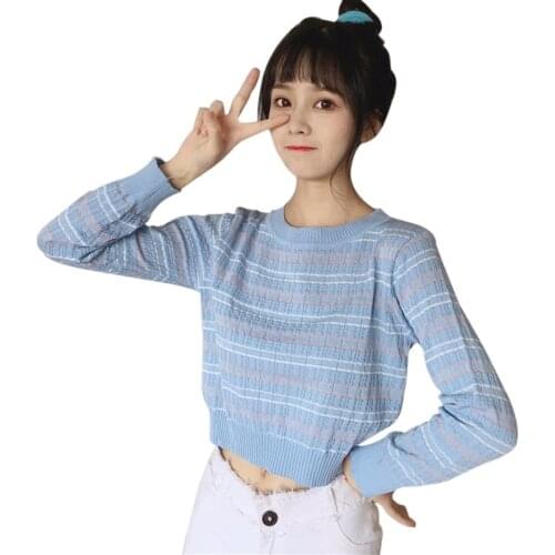 Casual Striped Knitting T Shirt Women Long Sleeve Road Navel O Neck Korean Sweet Botooming Tops T-shirt