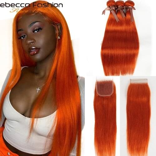 Rebecca Orange Bundles With Closure Brazilian Straight Human Hair Orange 3 Bundles With Closure Remy