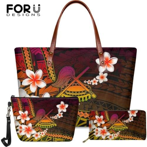FORUDESIGNS Luxury Women Handbag 3set Samoan Tribe Plumeria Printed Ladies Large Capacity Soft Shoulder Bag &Long Leather Wallet
