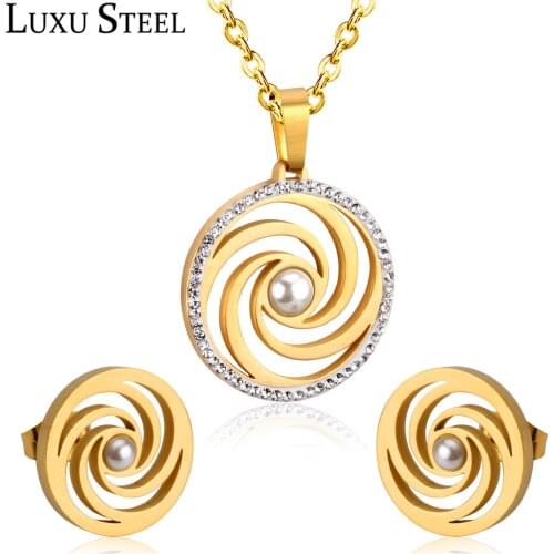 LUXUSTEEL Crystal Necklace Set For Women Stainless Steel Imitation Pearl Round Pendant Necklace Collars Christmas Sets Wholesale