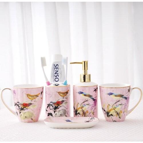 Luxury Bone China Pink Flower and Bird Bathroom Five-piece Set Ceramic Toothbrush Holder Lotion Bottle Soap Dish Combination Set