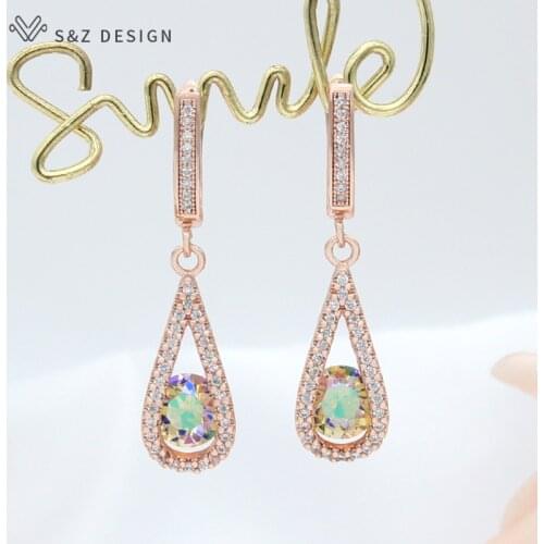 S&Z DESIGN New Elegant Water Drop Cubic Zirconia Dangle Earrings 585 Rose Gold Crystal Earrings For Women Wedding Party Jewelry