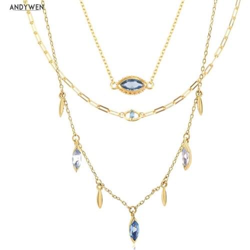 ANDYWEN 925 Sterling Silver Gold Stacking Blue Zircon CZ Charm Wedding Necklace Choker Long Chain Luxury Jewelry Fine Jewels