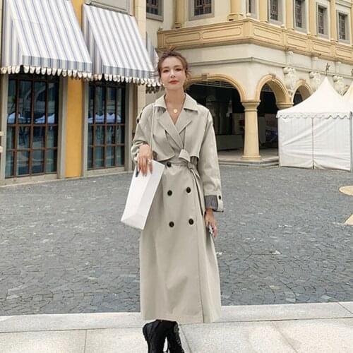 Autumn 2021 New Womens Trench Coat Fashion Lapel Lacing Long Elegant Loose Double Breasted Solid Windbreaker Casual Female Coat