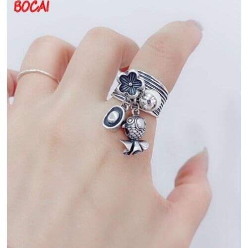 S925 sterling silver vintage Thai silver old and lively mens and womens ring wide version of yuanbao Fuyu tassel ring