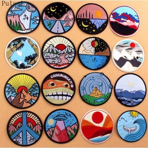Pulaqi Wildness Embroidered Patches For Clothing Stripe Round Sticker On Clothes Badge Space Stranger Things Patch For Jacket