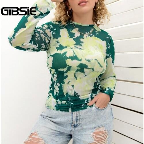 GIBSIE Plus Size Women Clothing T-Shirts Crew Neck Tie Dye Print Long Sleeve Shirt Women Tops Korean Fashion Slim Fit T-Shirt
