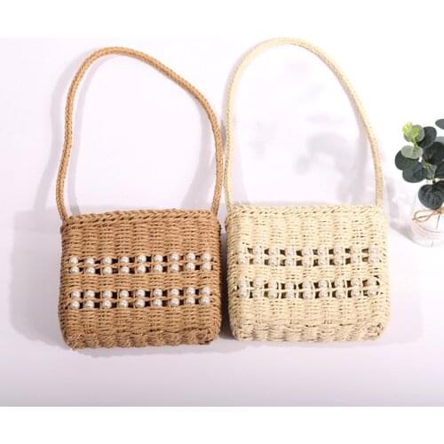 Pearls Straw Bag For Women 2021 Summer Beach Casual Handbag Small Weave String Shoulder Bags Travel Underarm Bag Bolsos X268H