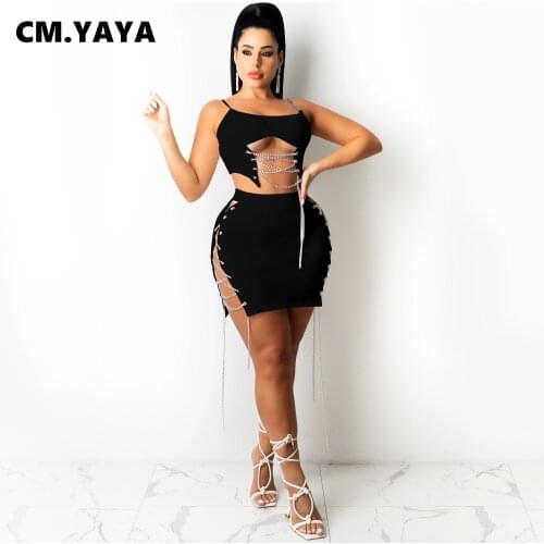 CM.YAYA Women Seet Solid Sleeveless Strap Bandage Hollow Out Crop Tops Mini Skirts Two 2 Piece Sets Sexy Night Outfits Summer