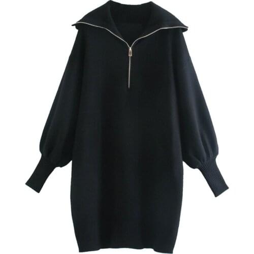 Women 2021 Autumn Winter Chic Mini Sweater Dress Female Zipper Neck Straight Ladies Casual Loose Lantern Sleeve Knit Dresses