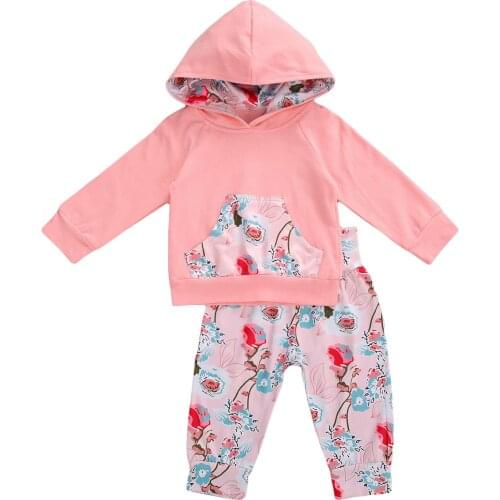 2 Pcs Baby’s Autumn Outfit Warm Hooded Long-Sleeves Pullover with Pocket + Floral Printed Pants for Girl 3 Months to 3 Years