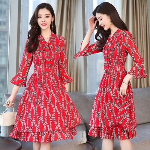 2021 Vintage Pink Print Long Sleeve Midi Dresses Autumn Winter 3XL Plus Size Chiffon Dress Elegant Women Bodycon Party Vestidos