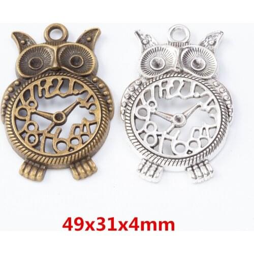 6 pieces of retro metal zinc alloy Owl Clock pendant for DIY handmade jewelry necklace making 7663