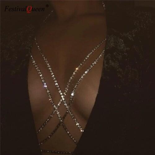 Shining Rhinestones Chest Cross Body Chain Boho Multi Layers Chest Chain Jewelry Crystal Chest Harness Body Jewellery For Woman