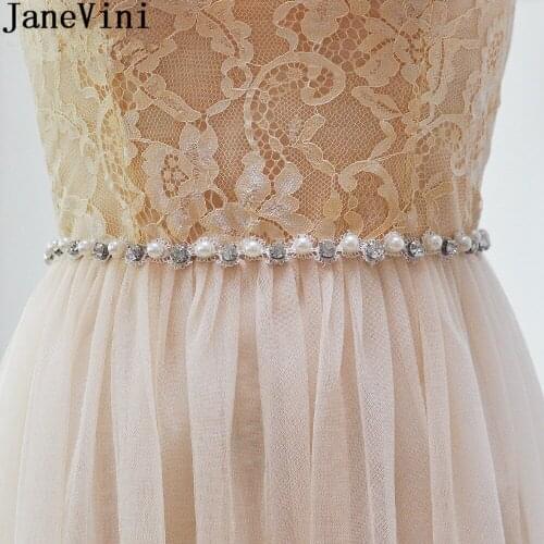 JaneVini Bohemia Pearls Satin Wedding Belts Bridal Dress Sash Belt Crystal Sash Rhinestone Belt White Beige Bridesmaid Waistband