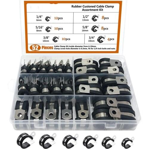 Cable Clamp,52pcs Rubber Cushion Insulated Clamp.Stainless Steel Metal Clamp (Assortment Kit 3)